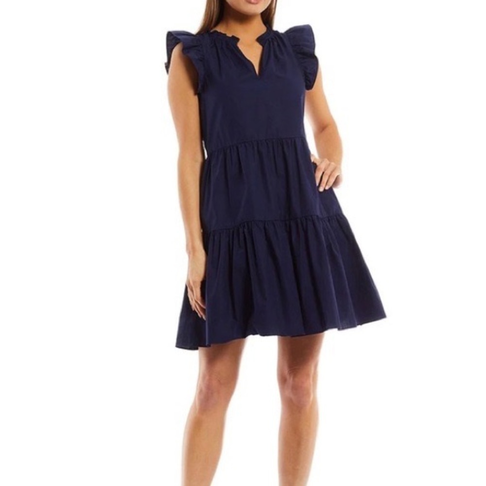 A Loves A Split V Neck Cap Sleeve Tiered Ruffle Poplin Babydoll Dress - Xs